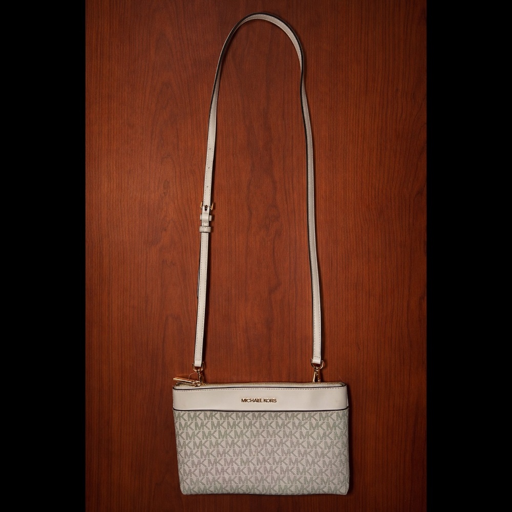 Michael Kors Leather Light Cream Multi Logo Maisie Crossbody Bag - Like New